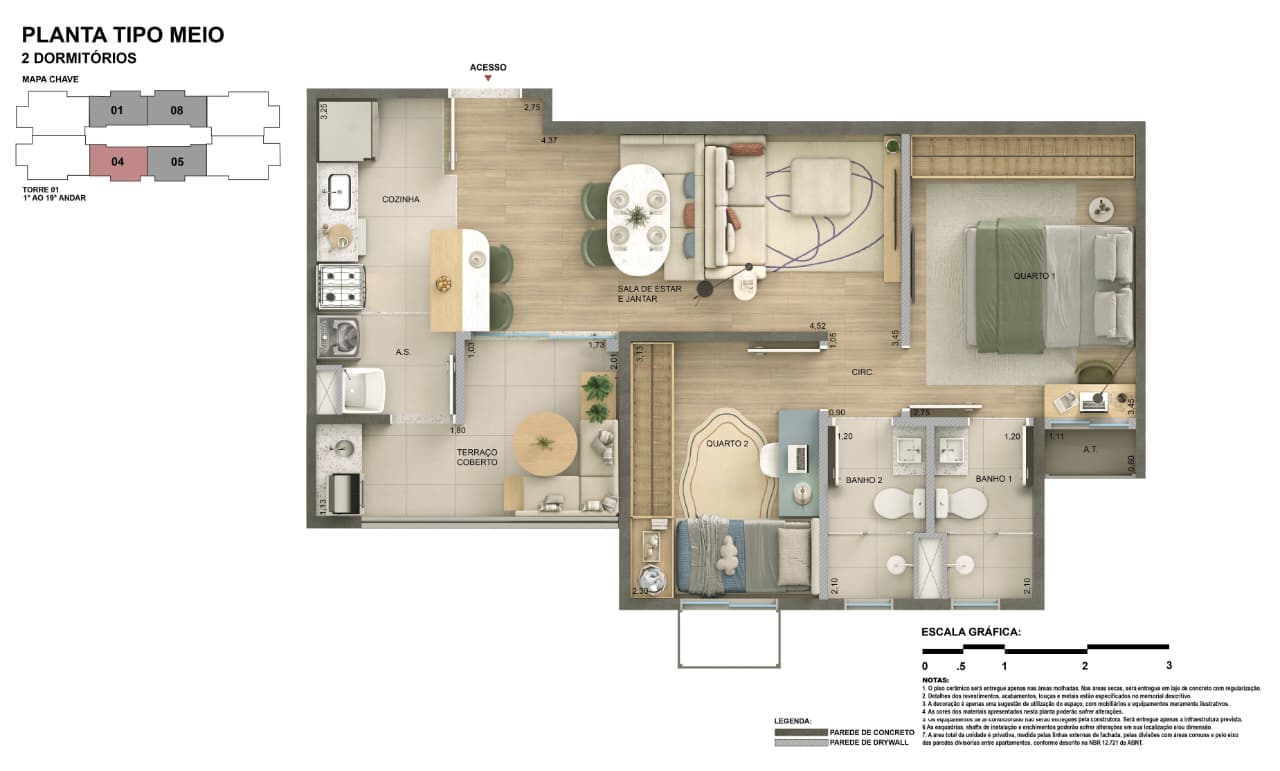 Planta tipo meio 55m² com 2 dormitórios, suíte e terraço coberto
