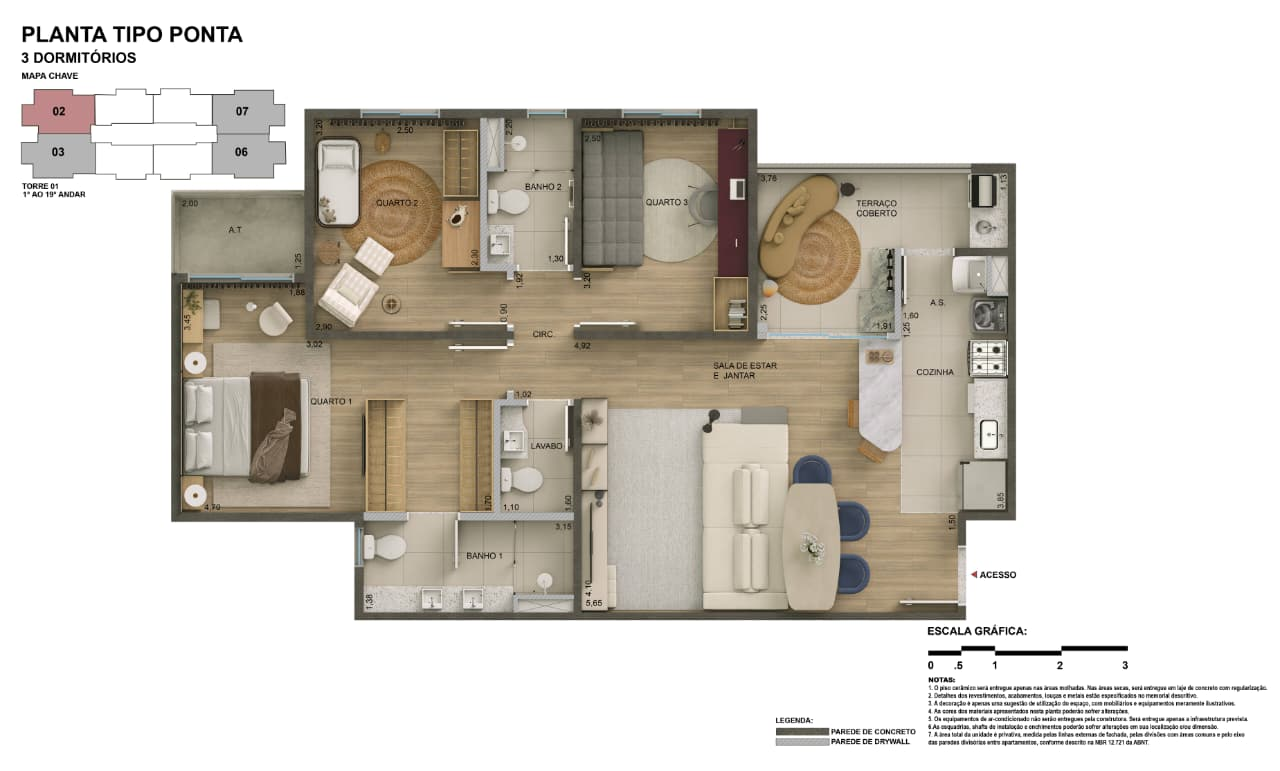 Planta tipo ponta 84m² com 3 dormitórios, suíte, lavabo e terraço coberto